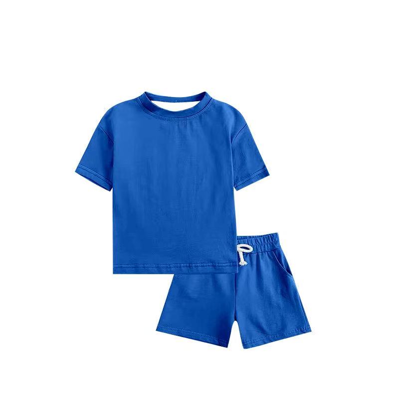 Deadline: May 15 Custom no moq Solid color short-sleeved shorts blue cotton suit