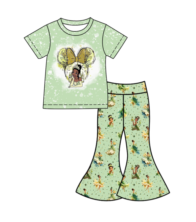 Custom moq 5 mix size milk silk baby girl clothes cartoon green short sleeve pants sets