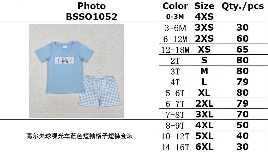RTS NO MOQ ETA 5/7days Arrived BSSO1052 embroidery Golf cart blue short-sleeved plaid shorts set