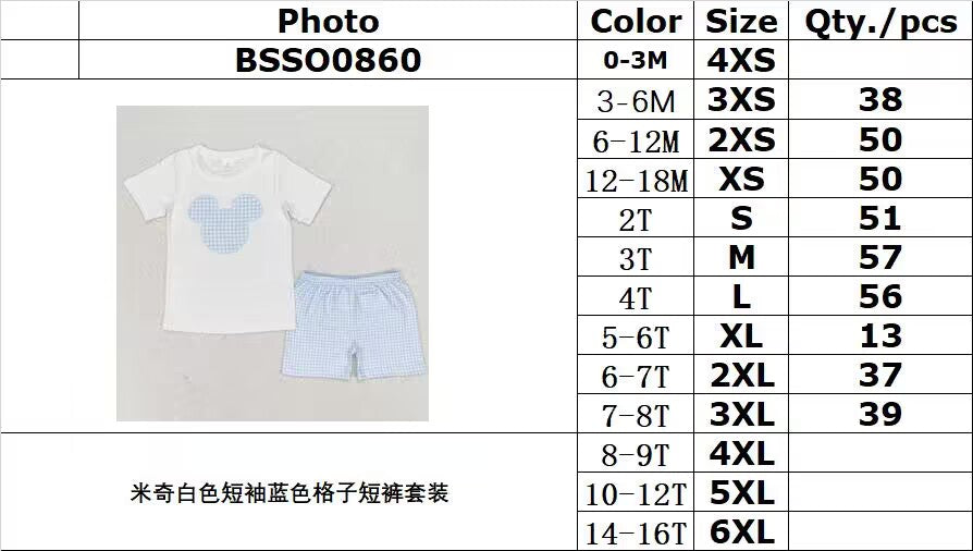 rts no moq BSSO0860 Mickey white short sleeve blue plaid shorts suit