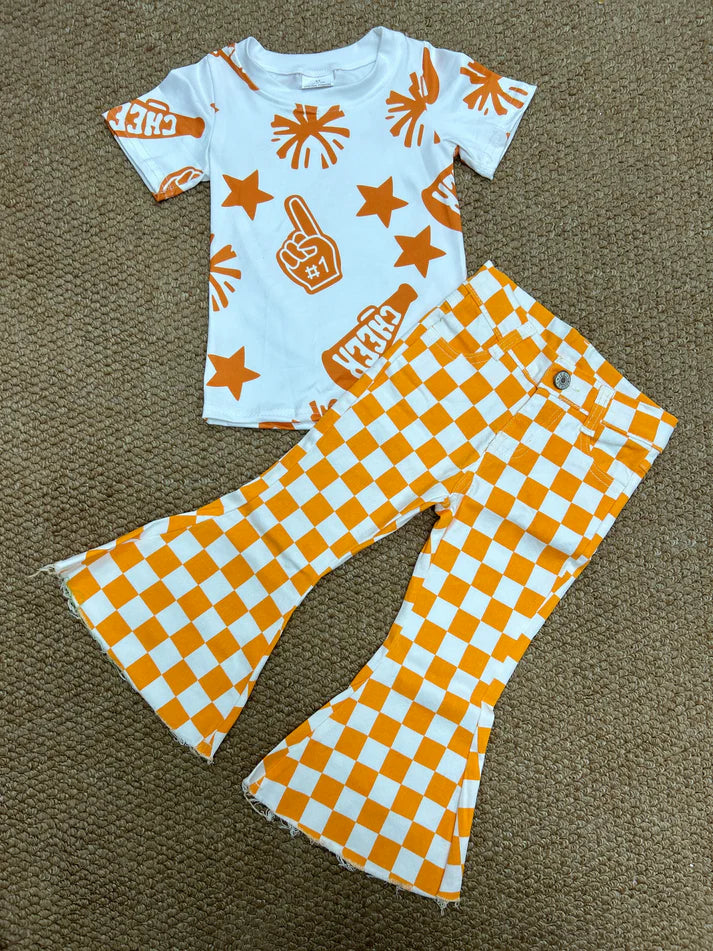 RTS NO MOQ Baby Girls Orange Shirt And Checkered Bell Denim Pants Outfit Set Cute Cheerleader Clothing for Infants