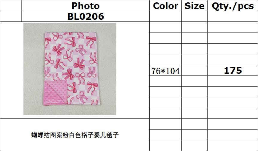 RTSNO MOQ BL0206 Bow Pattern Pink and White Plaid Baby Blanket