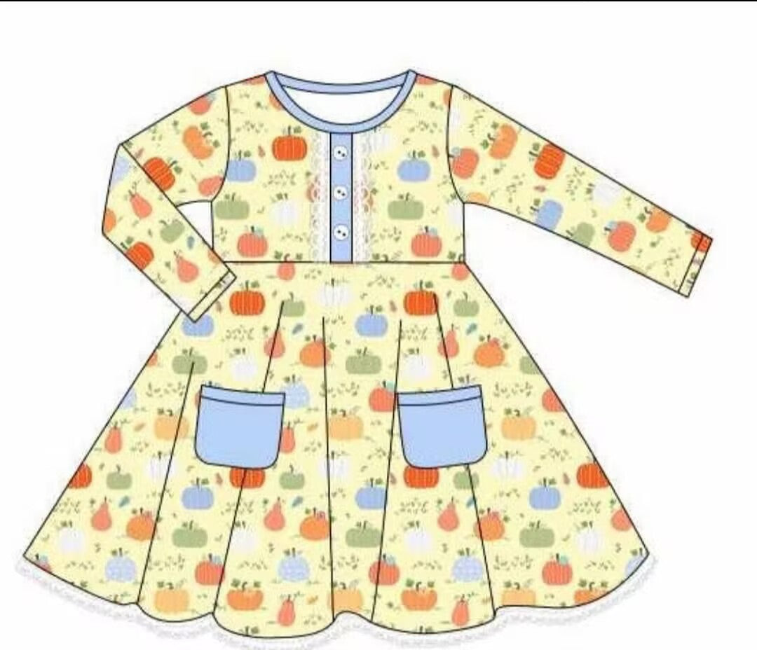 Custom moq 3 eta 7/8week moq 5 eta /4/5week Pumpkin Pattern Yellow Button Pocket Long Sleeve Dress