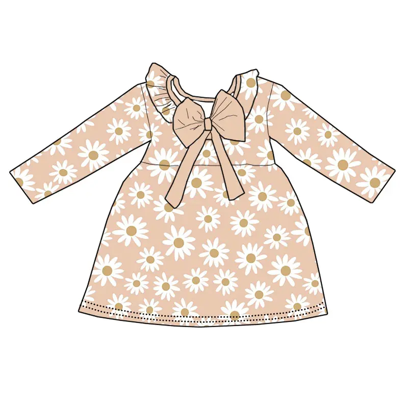 Custom moq 3 eta 7/8week moq 5 eta /4/5week Daisy pink bow long sleeve dress
