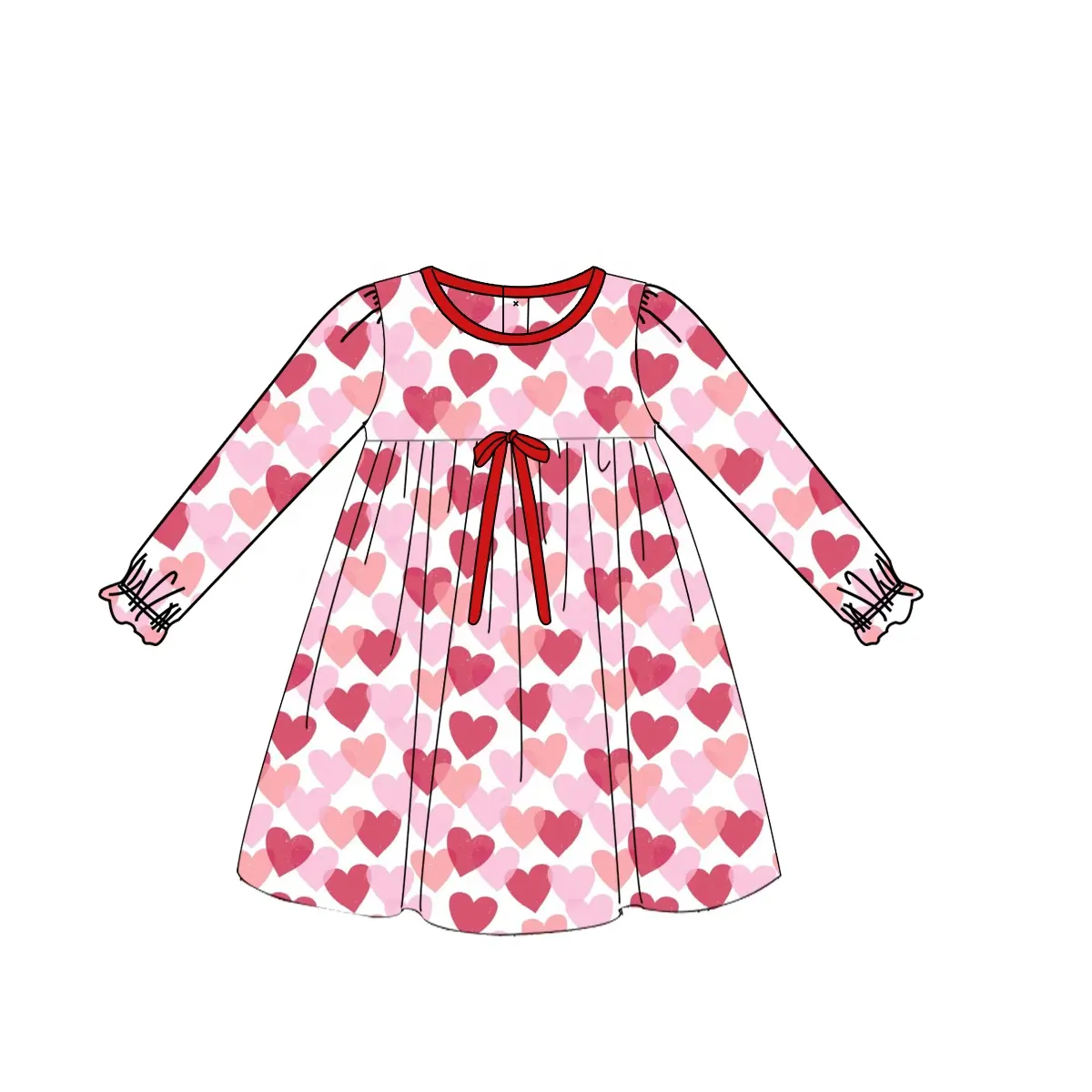 Custom moq 3 eta 6-8weeks Pink-red heart print bow-decorated long-sleeved dress