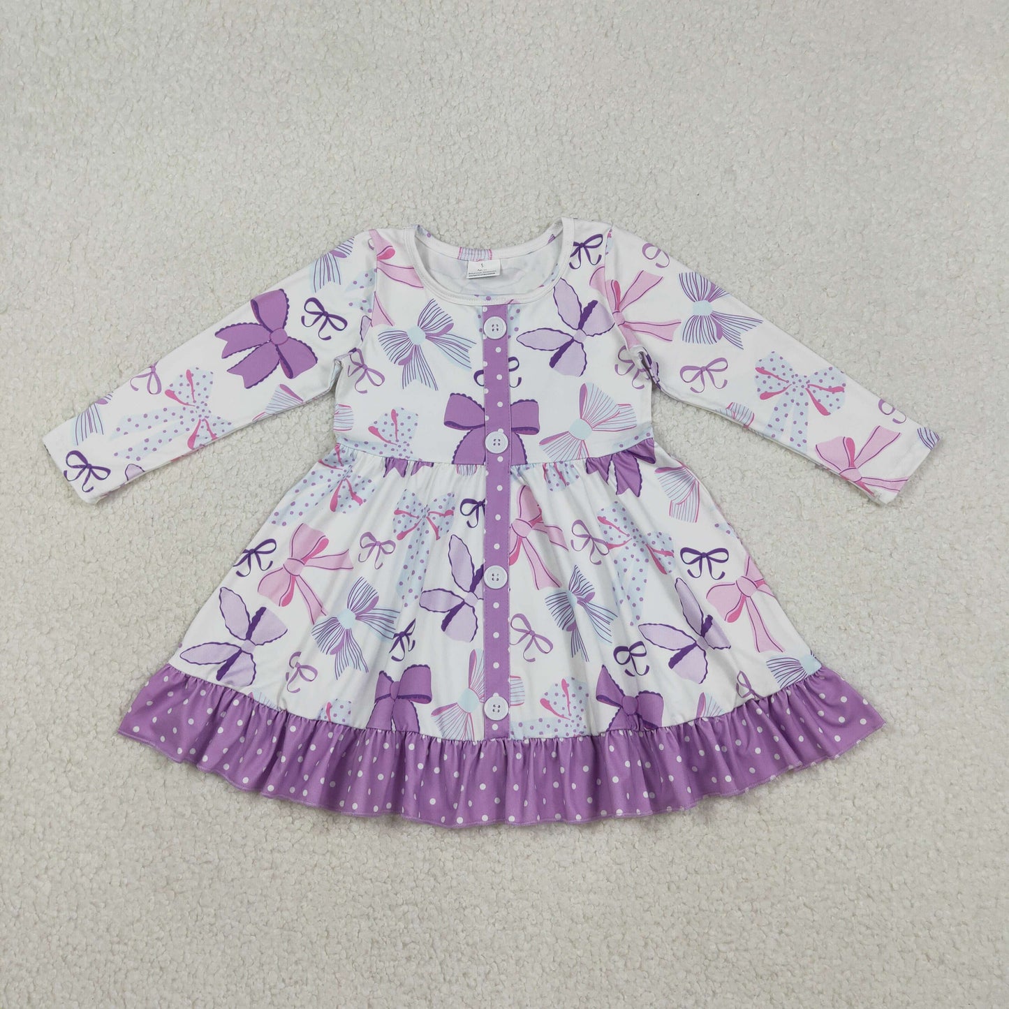 RTS NO MOQ(In Stock ) Purple Bow Pattern Polka Dot Lace Button Long-Sleeve Dress