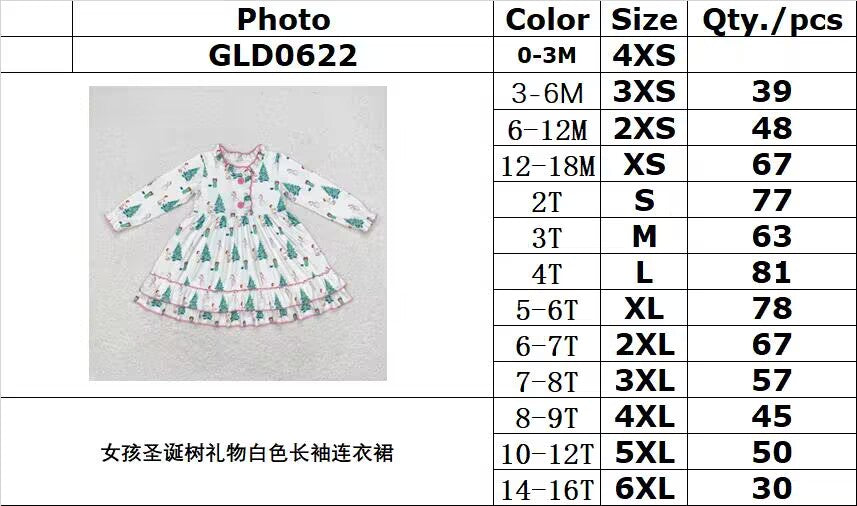 rts no moq GLD0622 Girls Christmas tree gift white long sleeve dress