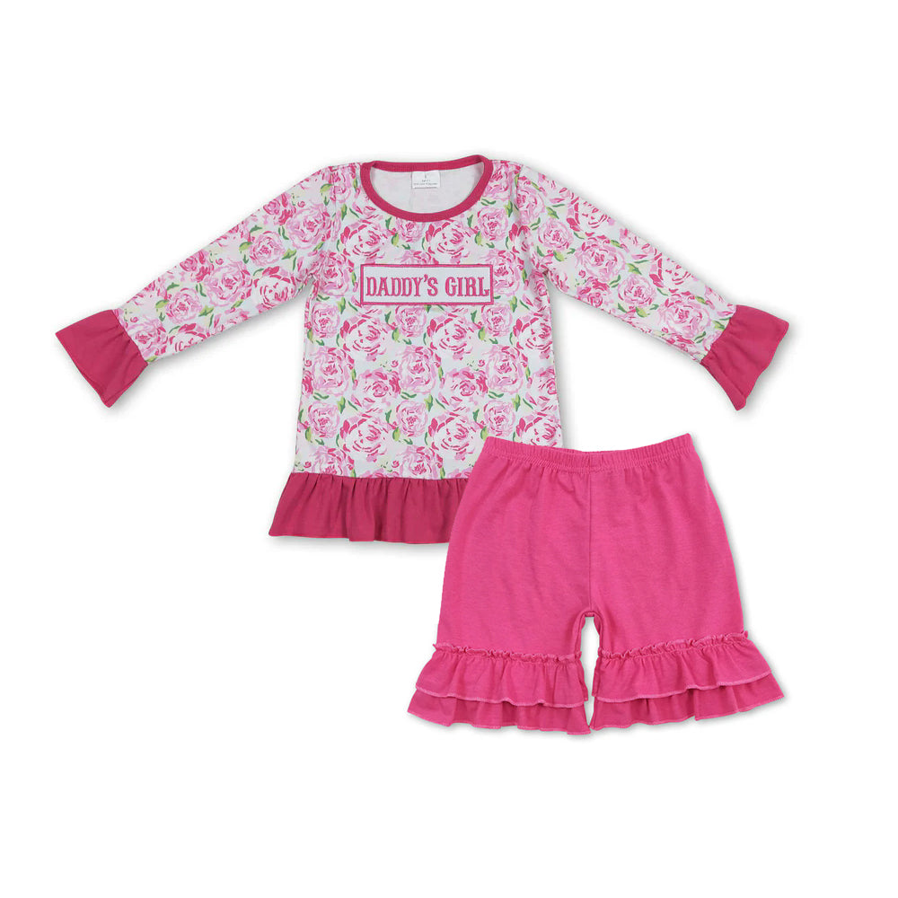 RTS NO MOQ GT0402+SS0178 Flower DADDY GIRL long sleeve top Rose red lace shorts sets
