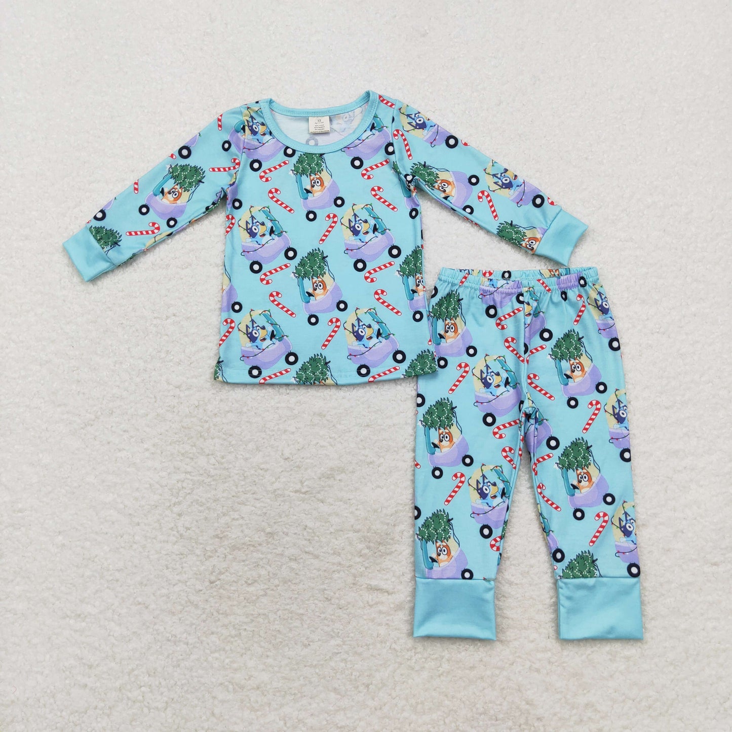 RTS NO MOQ(In Stock) BLP0694 bluey modal Christmas tree car cane blue long-sleeved trousers pajamas set
