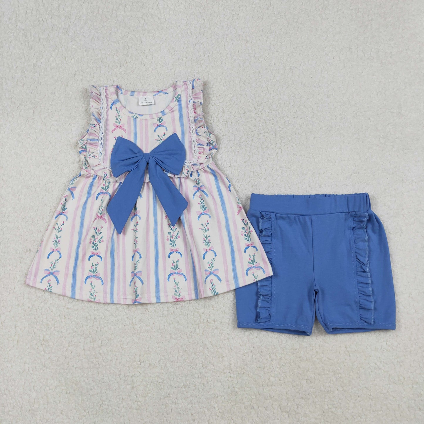 RTS NO MOQ(In Stock) GSSO2533 Powder Blue Bow Pattern Striped Floral Lace Sleeve Shorts Set