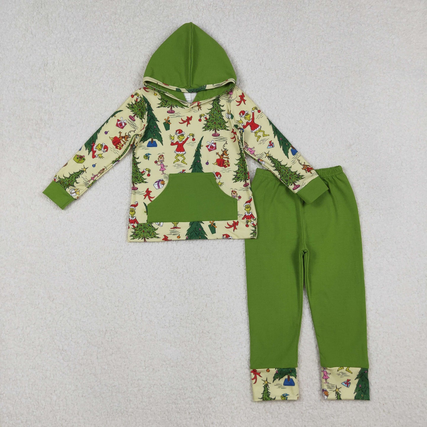 12/18m-7/8t RTS NO MOQ(In Stock) BLP1224 cartoon Christmas tree green pocket hooded long-sleeved trouser set