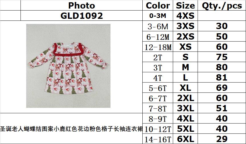 RTS NO MOQ GLD1092 Santa Claus bow pattern deer red lace pink plaid long sleeve dress