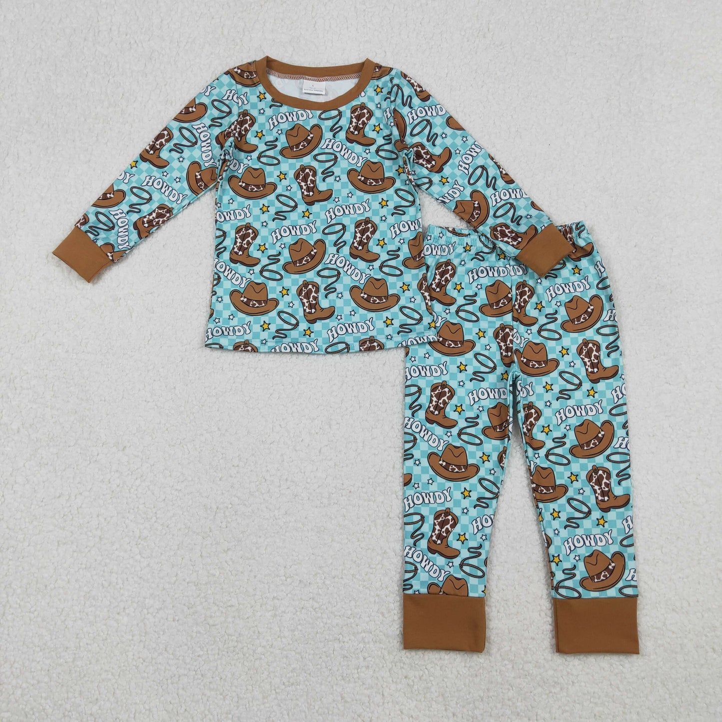RTS NO MOQ(In Stock) BLP1207 Howdy cowboy hat, boots, teal plaid long-sleeved pants pajama set