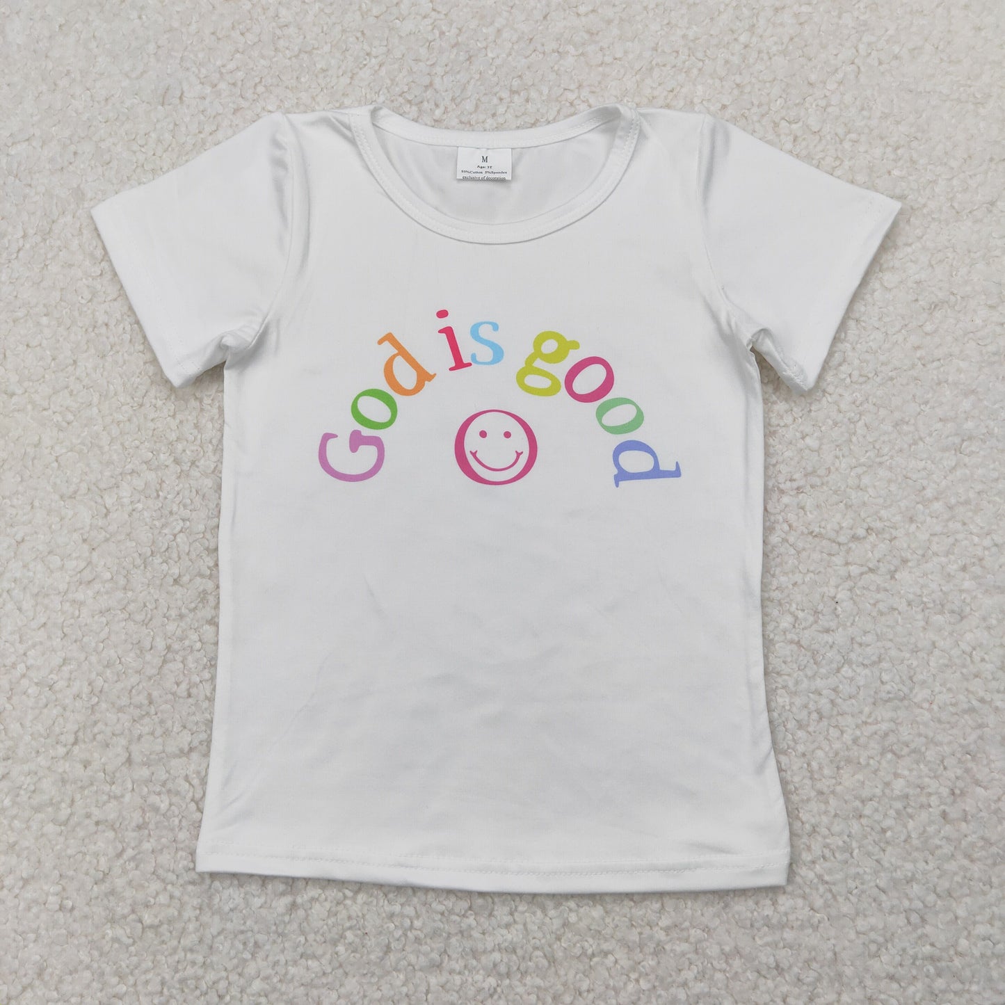 RTS NO MOQ(In Stock) God is good smiley face white short-sleeved top