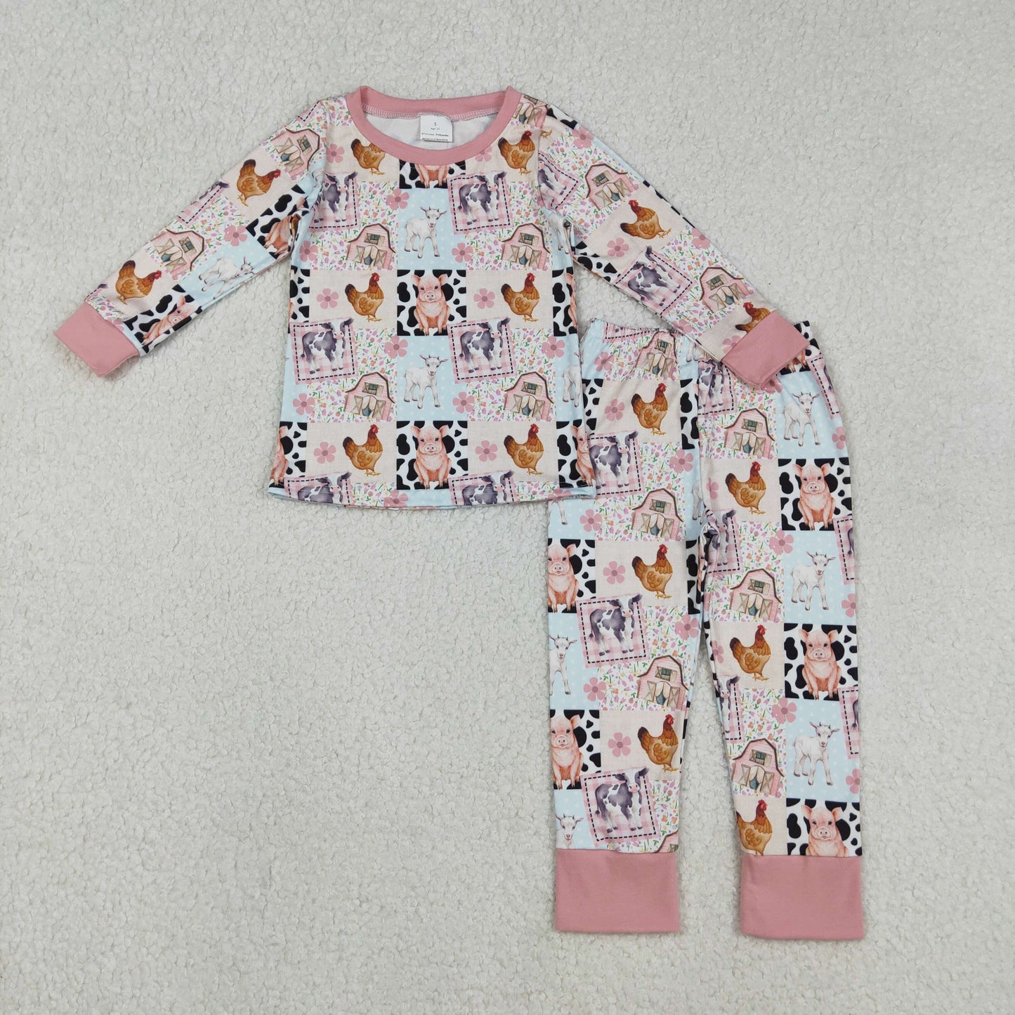 RTS NO MOQ(In Stock) Farm Animal Patchwork Floral Pink Long-Sleeve Pants Pajama Set