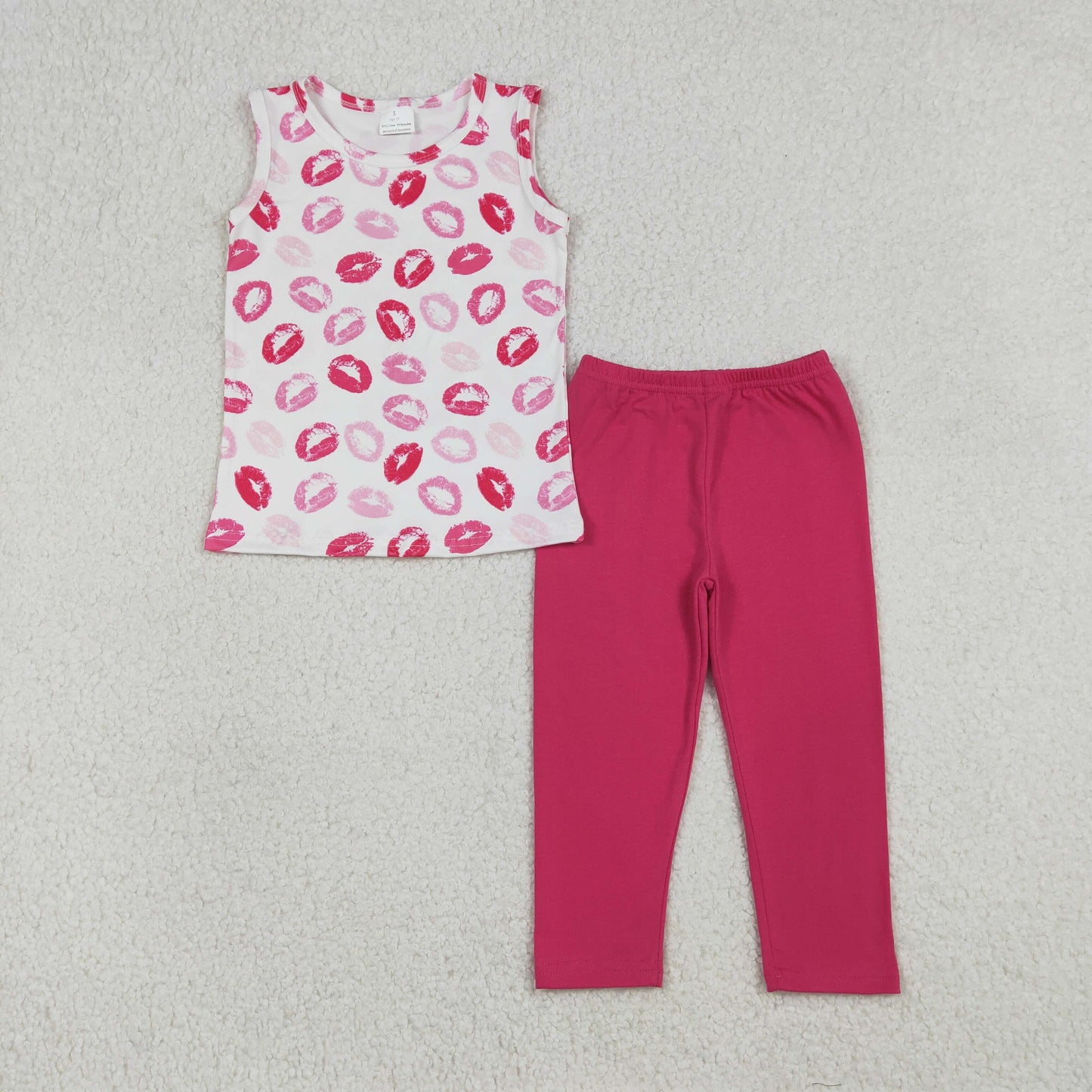 RTS NO MOQ(In Stock) White vest with lipstick print Solid color fuchsia trousers set