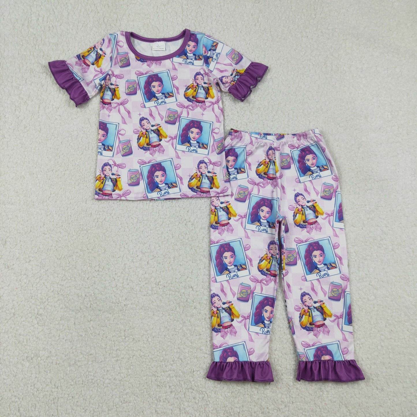12/18m-14/16t RTS NO MOQ(In Stock) Kpop Photo Bow Pattern Plaid Purple Lace Short-Sleeved Pants Pajama Set