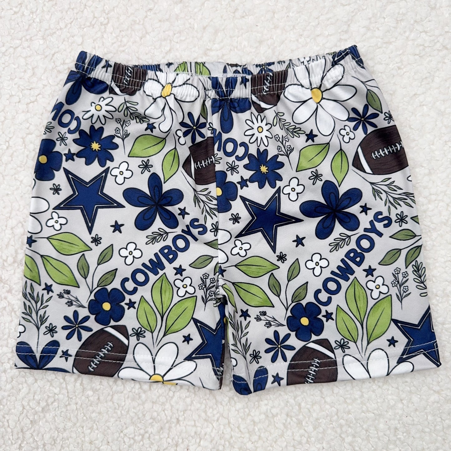 RTS SALES NO MOQCOWBOYS蓝白色小雏菊叶子五角星白色短裤COWBOYS blue and white daisy leaves five-pointed star white shorts