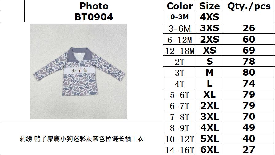 RTS NO MOQ ETA 5/7days Arrived BT0904 Embroidered duck elk puppy camouflage gray and blue zipper long-sleeved top