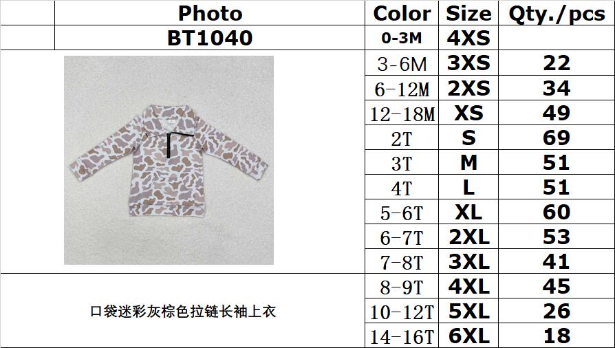 RTS NO MOQ ETA 5/7days Arrived BT1040 Pocket camouflage gray-brown zippered long-sleeved top