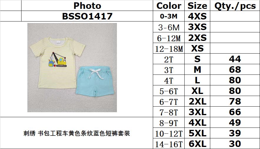 RTS NO MOQ BSSO1417 Embroidery Backpack engineering truck yellow striped blue shorts suit