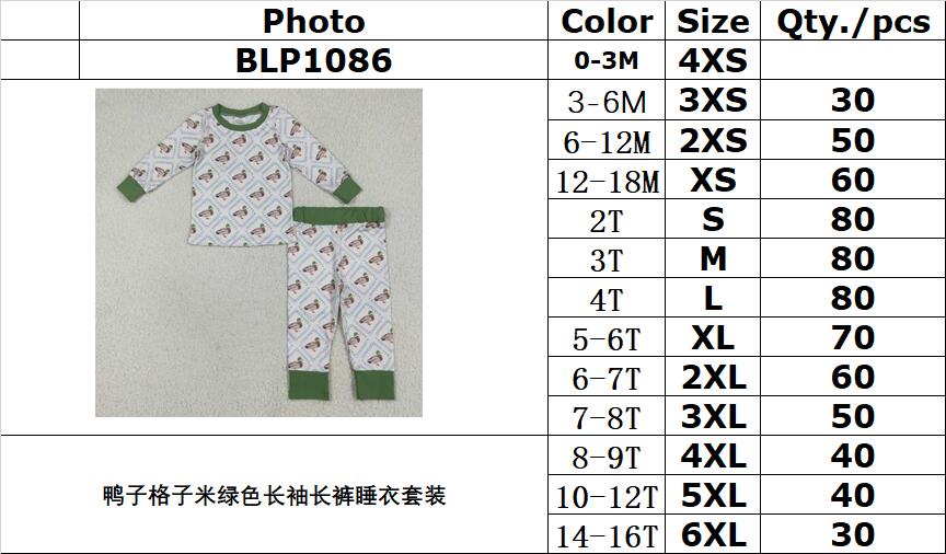 RTS NO MOQ(In Stock) BLP1086 Duck plaid beige green long-sleeved trousers pajama set