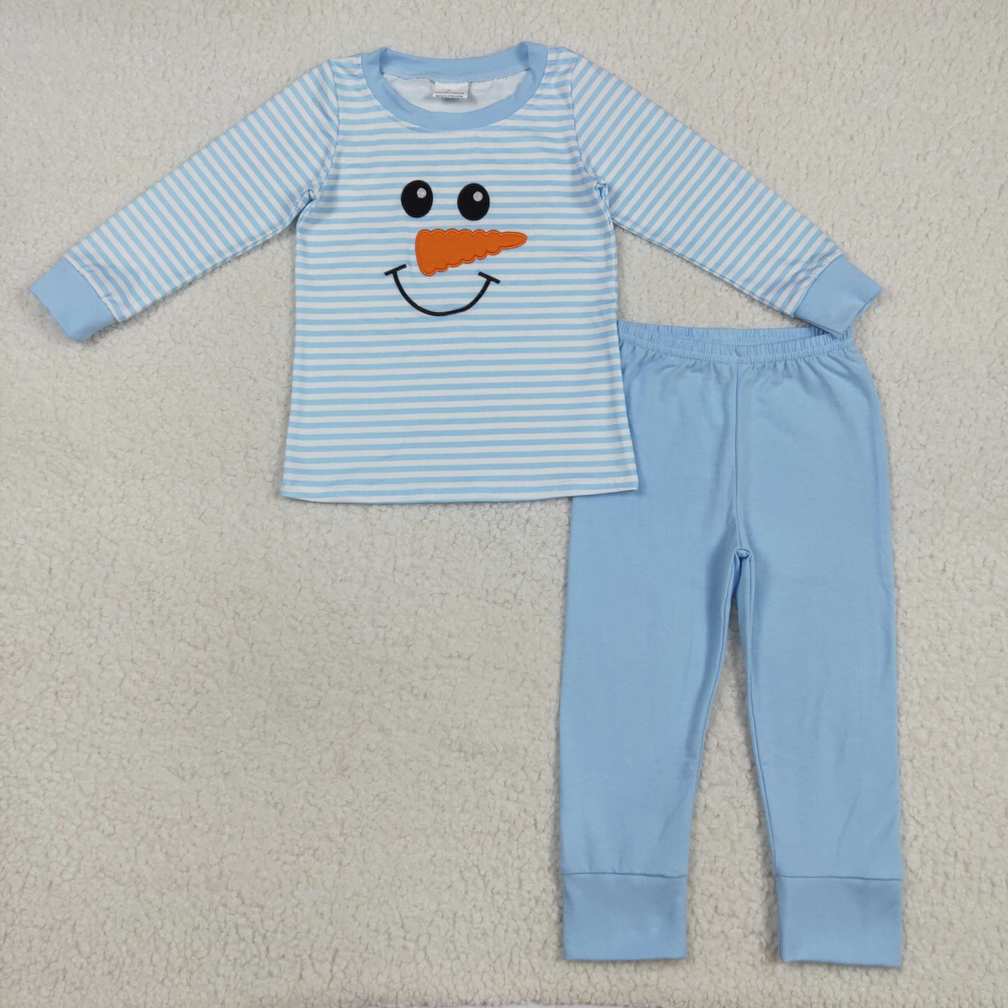 RTS NO MOQ(In Stock) BLP1150 Christmas Embroidered Snowman Smiley Face Blue Stripe Long Sleeve Long Pants Pajama Set
