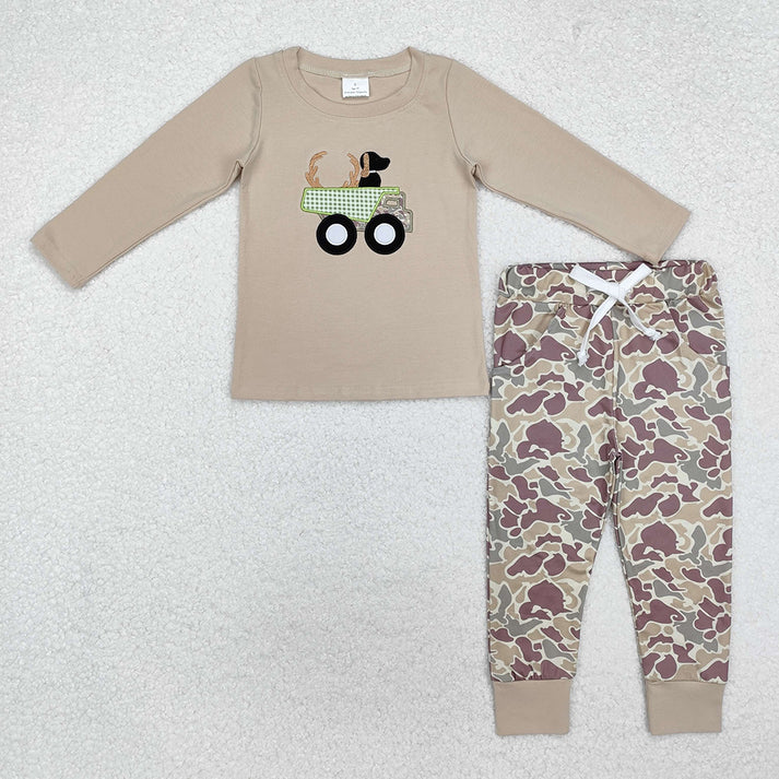 RTS NO MOQ Baby Boys Khaki Deerhorn Puppy Long Sleeve Cropped Romper and Long Sleeve Pants Set