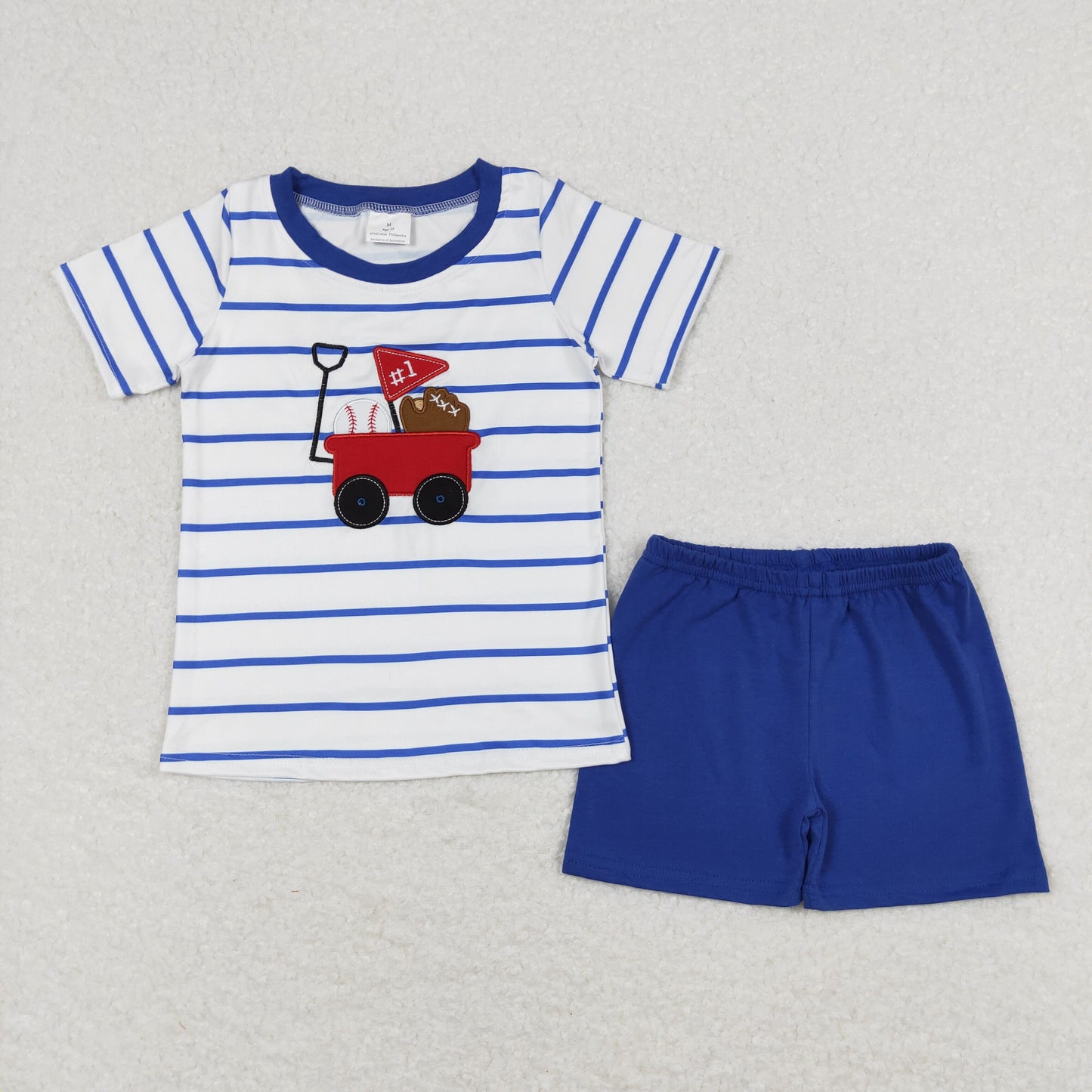RTS NO MOQ(In Stock) Embroidered Baseball Cart Stripe White Short Sleeve Blue Shorts sets