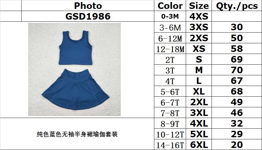 RTS NO MOQ GSD1986 Pure blue sleeveless skirt yoga set