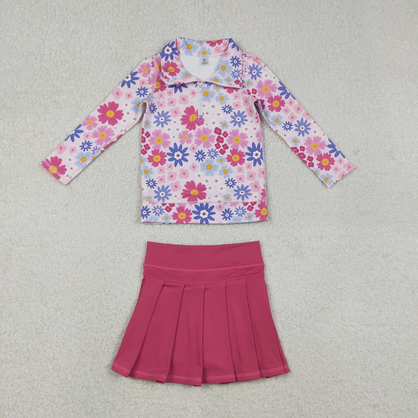 RTS NO MOQ(In Stock) Colorful Floral Zipper Yoga Long-Sleeve Top Solid Color Rose Red Yoga Skirt set-GLD1418
