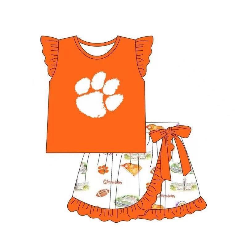 Custom summer team clothes baby girl clothes team orange flying sleeve shorts sets-25.5.6