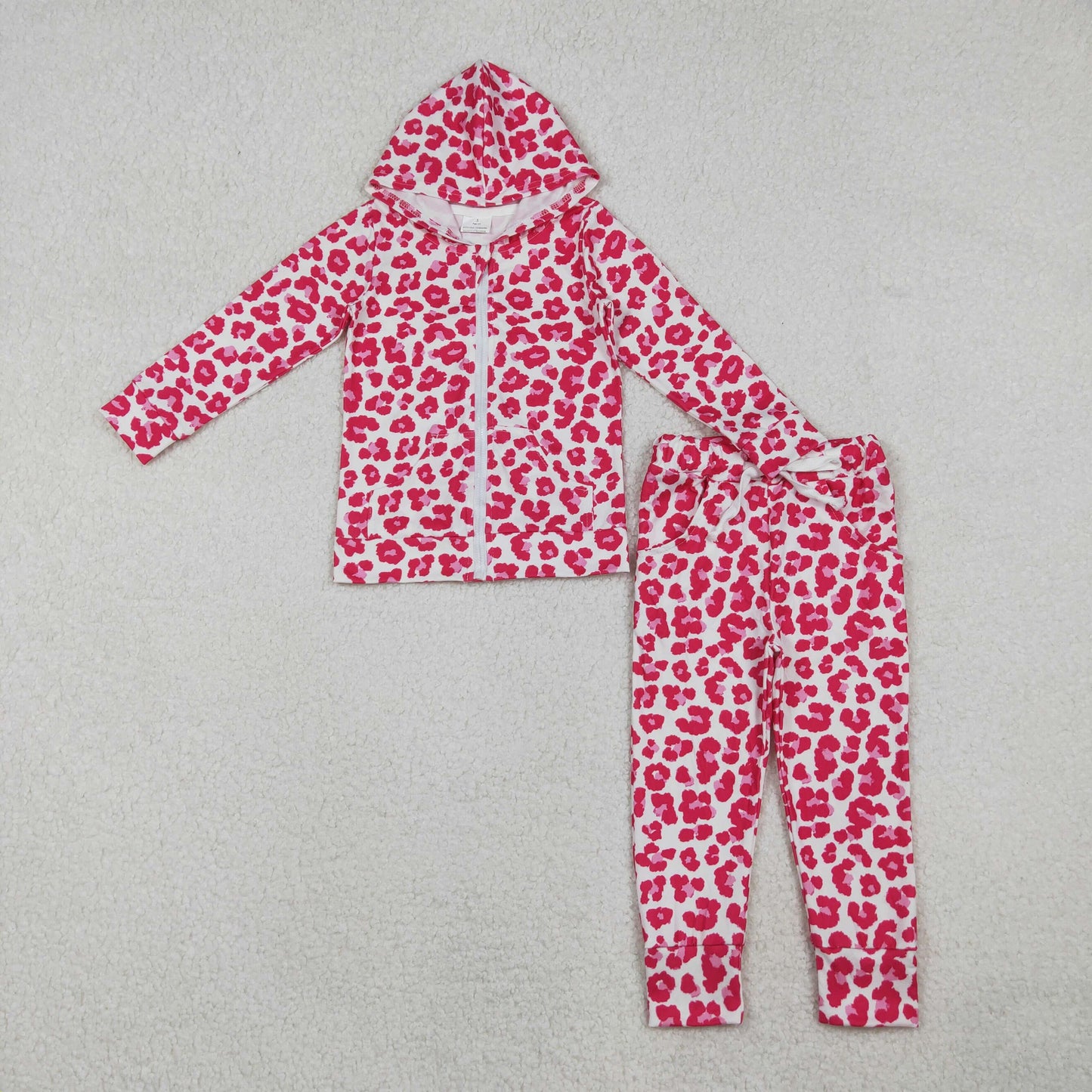 12/18m-7/8t RTS NO MOQ(In Stock) GLP2790 Rose red leopard print zip-up hooded long-sleeved pant set