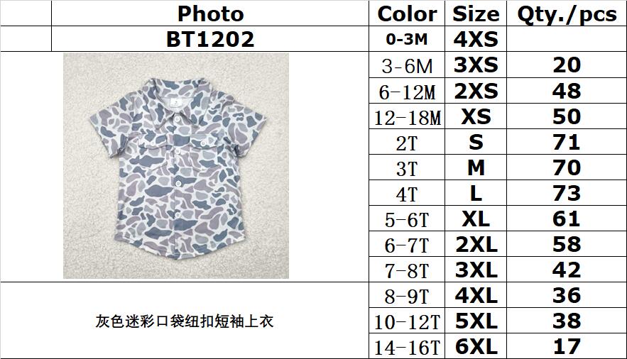 RTS NO MOQ BT1202 Gray camouflage pocket button short sleeve top