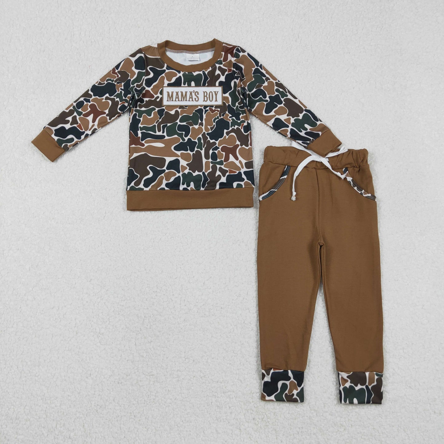 RTS NO MOQ(In Stock ) BLP1337 Embroidered Mama's Boy Brown-Green Camouflage Beige Long-Sleeve Pants Suit