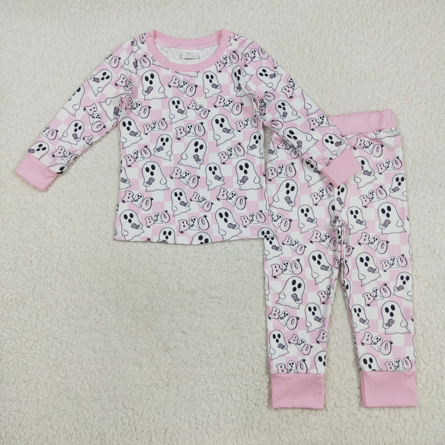 RTS NO MOQ(In Stock) GLP2433 boo Ghost Pink and White Plaid Long-Sleeved Pants Pajama Set