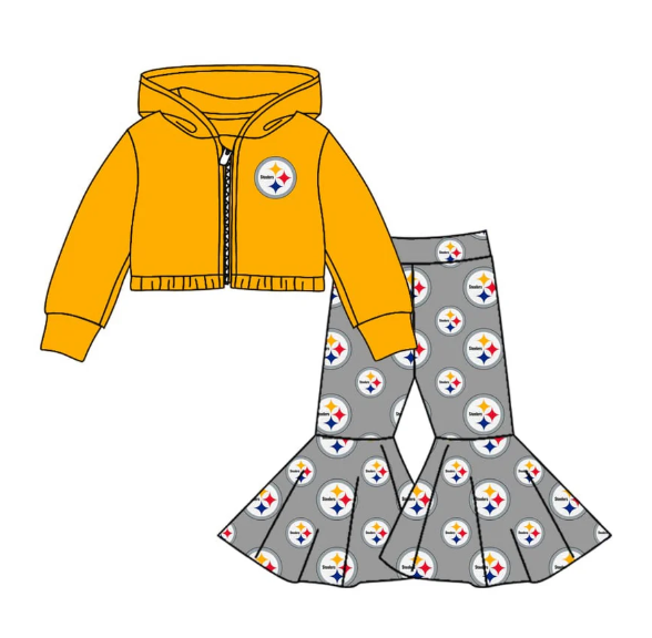 PRE ORDER Deadline July 24 custom no moq Children's boutique clothing soprt teams Yellow long sleeve and long pants zip-up suit
