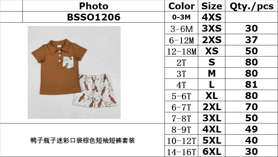 RTS NO MOQ ETA 5/7days Arrived BSSO1206 Duck bottle camouflage pocket brown short-sleeved shorts set