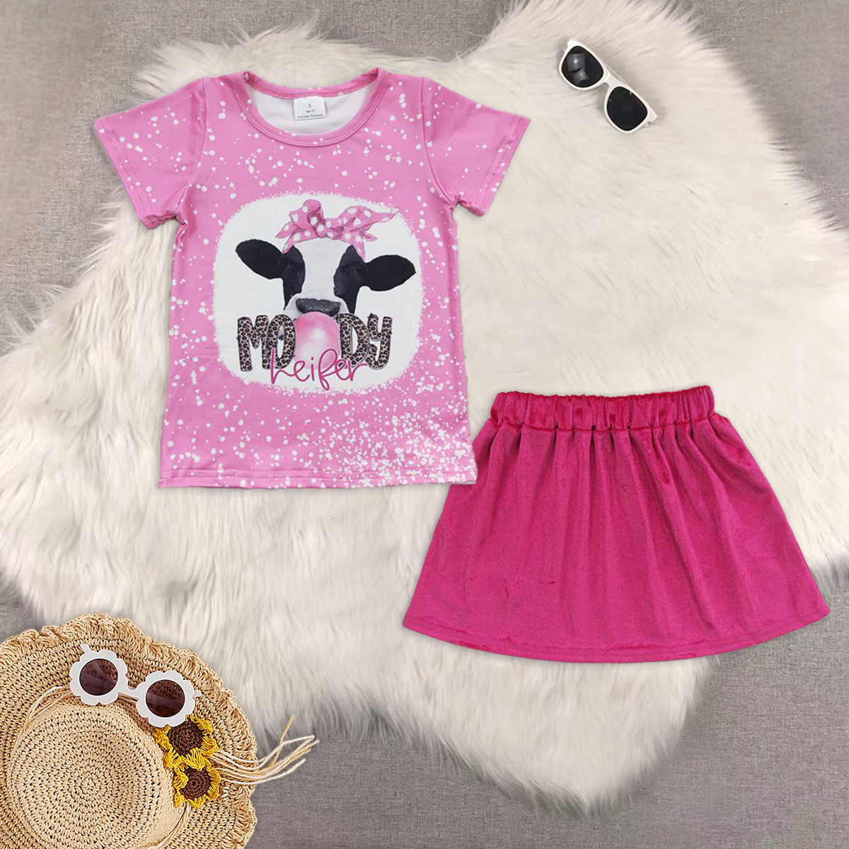RTS NO MOQ GT0128+GLK0017 cow head pink short sleeve top with letters Rose gold velvet skirt sets
