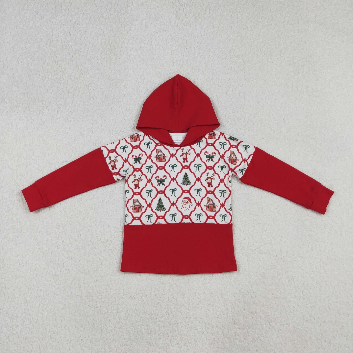 RTS NO MOQ(In Stock) GT1042 Red long-sleeved hooded top with Santa Claus bow pattern