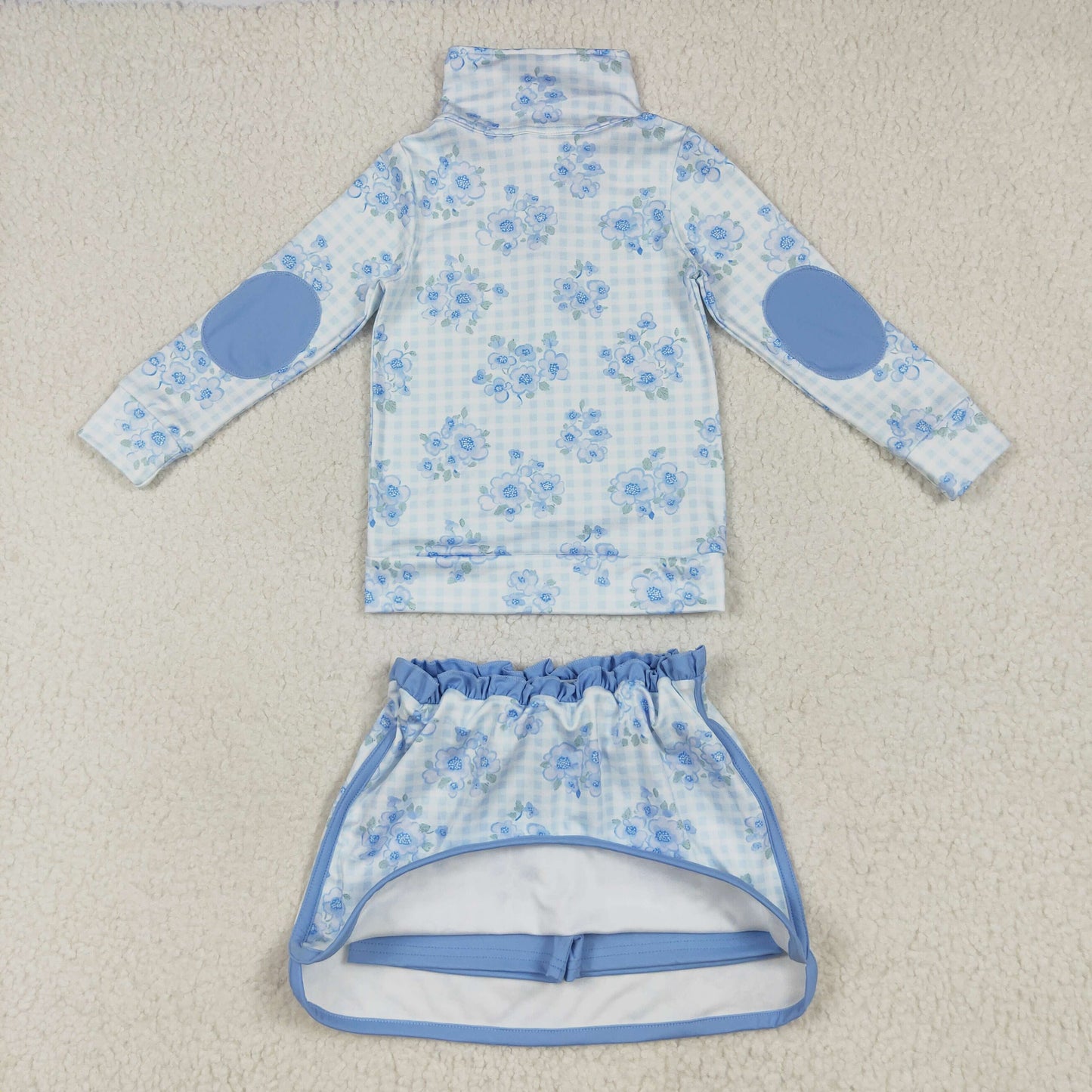 RTS NO MOQ(In Stock ) GLD1097 Flower blue plaid zipper long-sleeved skirt yoga set