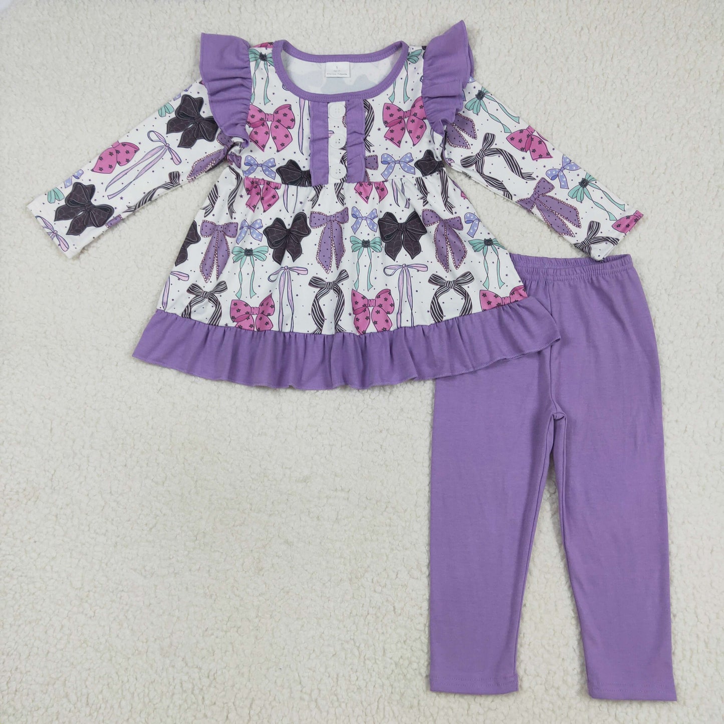 RTS NO MOQ(In Stock) GLP2528 Halloween bow pattern button purple lace long sleeve trousers set