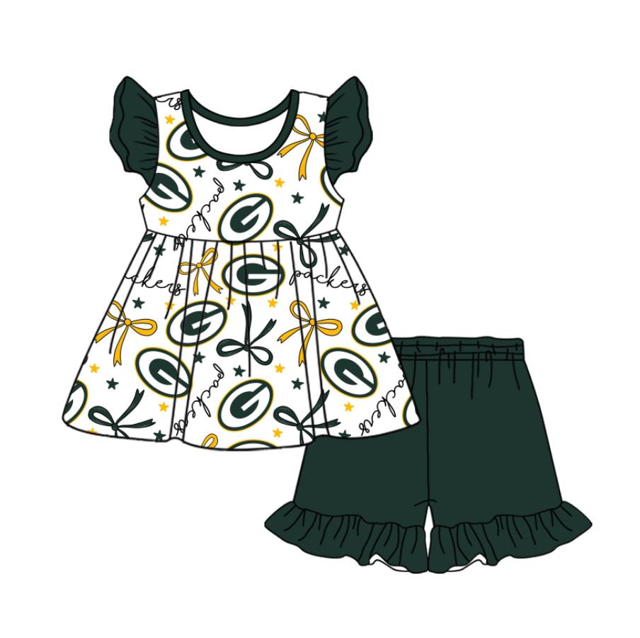 custom moq 3 eta 6-7weeks baby girls clothes bow team dark green short Sleeves Shorts Set