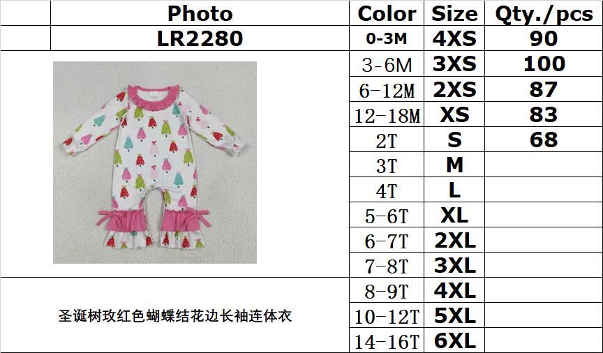 RTS NO MOQ LR2280 Christmas tree rose red bow lace long-sleeved jumpsuit