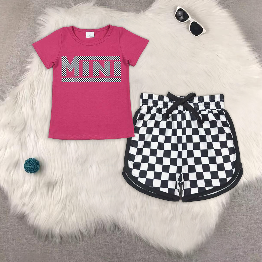 RTS NO MOQ ETA 5/7days Arrived GT0573+SS0278 Offset mini rose red short-sleeved top Black and white plaid lace-up shorts sets