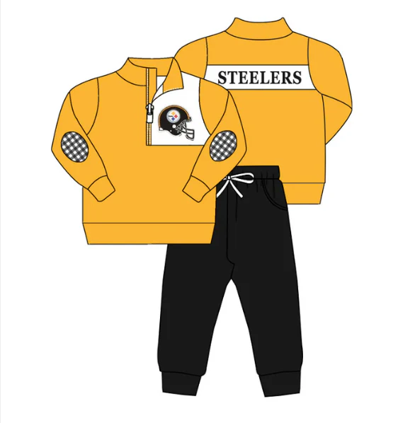 PRE ORDER Deadline July 24 custom no moq Children's boutique clothing soprt teams Yellow long sleeve and long pants zip-up suit boys sets