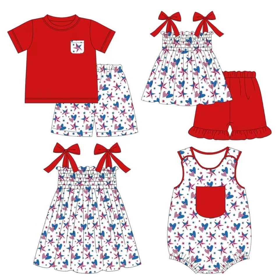 Custom summer baby girls clothes 4th of july stras short sleeve shorts sets romper dress