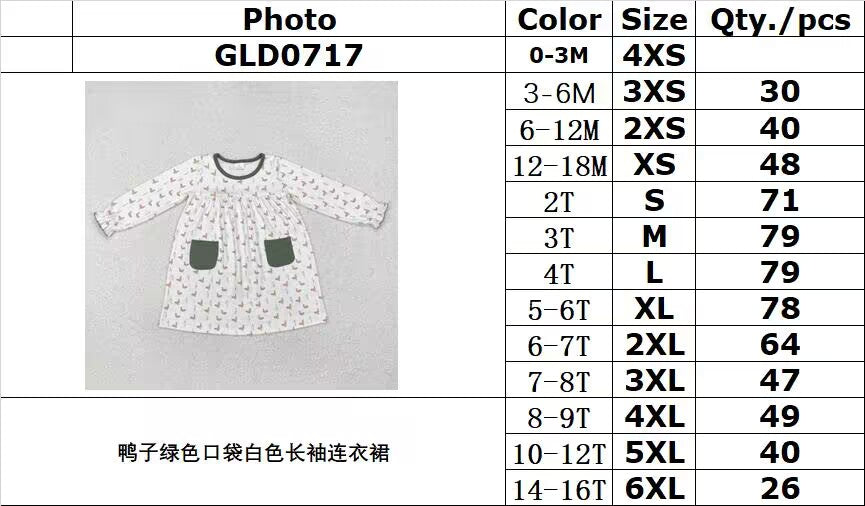 RTS NO MOQ ETA 5/7days arrived GLD0717 Duck green pocket white long sleeve dress