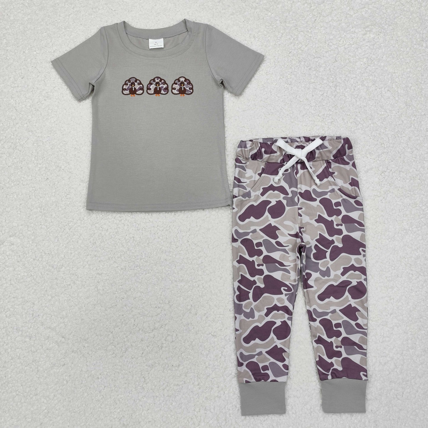 RTS NO MOQ(In Stock) BSPO0482 Embroidered camouflage turkey grey short-sleeved trousers set