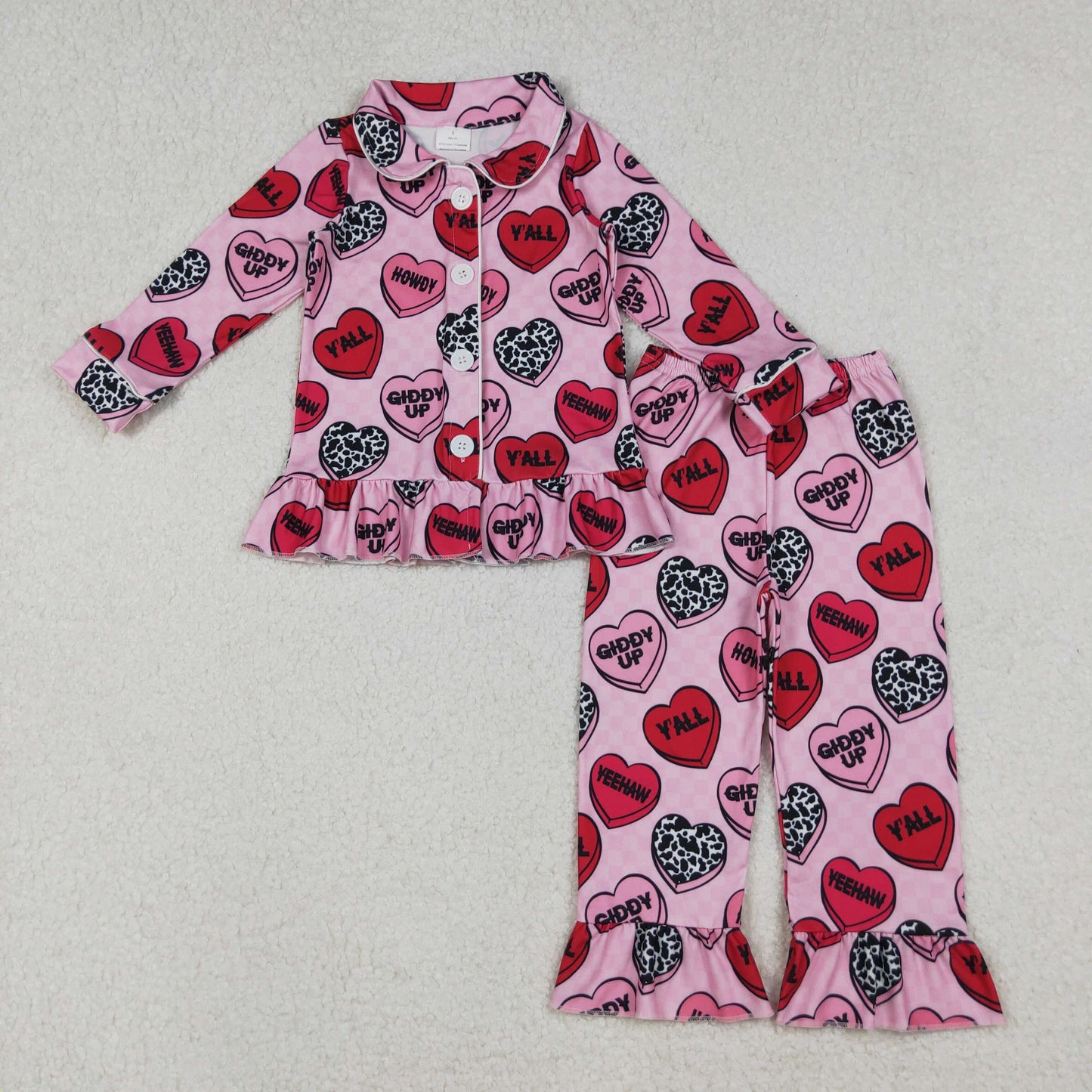 12/18M-7/8T RTS NO MOQ(In Stock) GLP2843 Valentine Letter Love Pink Plaid Button Long Sleeve Trouser Pajama Set